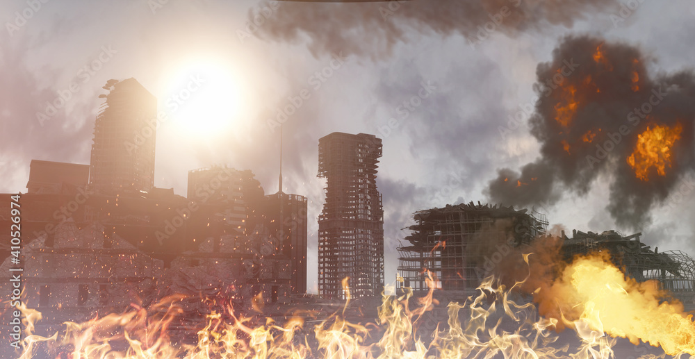 Ilustración de Stock destroyed post-apocalyptic city after war and ...