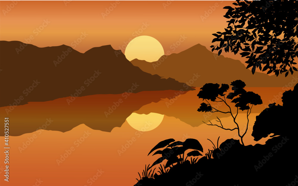 Sunset in the mountains with river and trees Stock Vector | Adobe Stock