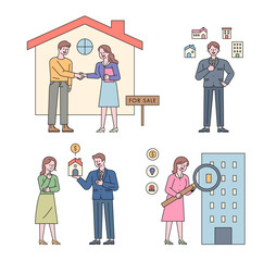 Wall Mural - collection of real estate characters. people are looking for a house contract, a property introducti