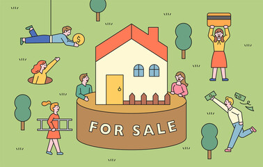 Sticker - A house for sale. People are gathering to buy the house with money.