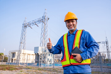 Wall Mural - asain electric engineer reassure wear safety in transmission station, concept of electric power safe