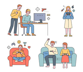 Poster - People are playing video games. Friends playing games on the computer, people playing mobile games, and sitting on the couch in battle.