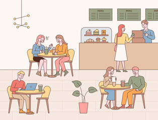 Wall Mural - cafe interior interior and guests. people at the table are drinking coffee, chatting with friends, a