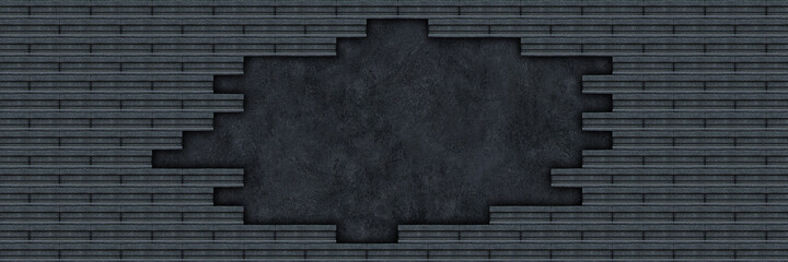 Poster - horizontal breaking brick wall with dark cement background