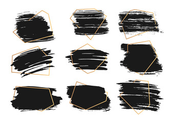 Poster - Set of different hand drawn ink brush strokes with gold frame. Stamp label for artistic design. Grunge texture, dirty banners and text boxes. Abstract lines black paint. Isolated vector illustration