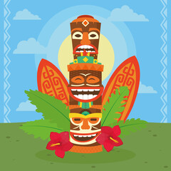 Wall Mural - Hawaiian tiki cartoons with surfboards outside vector design