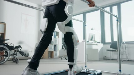 Aufkleber - Modern Hospital Physical Therapy: Patient with Injury Walks on Treadmill Wearing Advanced Robotic Exoskeleton Legs. Physiotherapy Rehabilitation Technology to Make Disabled Person Walk. Focus on Legs