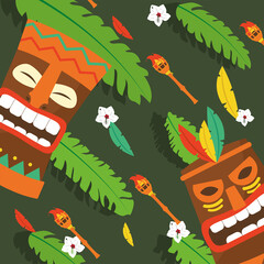 Wall Mural - Hawaiian tiki cartoons with torches background vector design