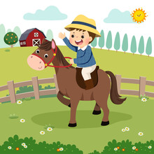Vector Illustration Cartoon Of Little Boy Riding A Horse In The Farm.