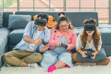 Wall Mural - down syndrome teenage girl play 3d vr console game together with family