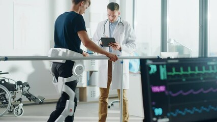 Poster - Modern Hospital Physical Therapy: Doctor Uses Tablet Computer, Disabled Patient Walks on Treadmill Wearing Advanced Robotic Exoskeleton. Computer Monitor Shows Physiotherapy Rehabilitation Activity