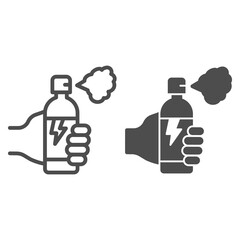 Poster - Hand with balloon of poison for insects line and solid icon, pest control concept, Insect spray sign on white background, Pest poison icon in outline style for mobile and web design. Vector graphics.