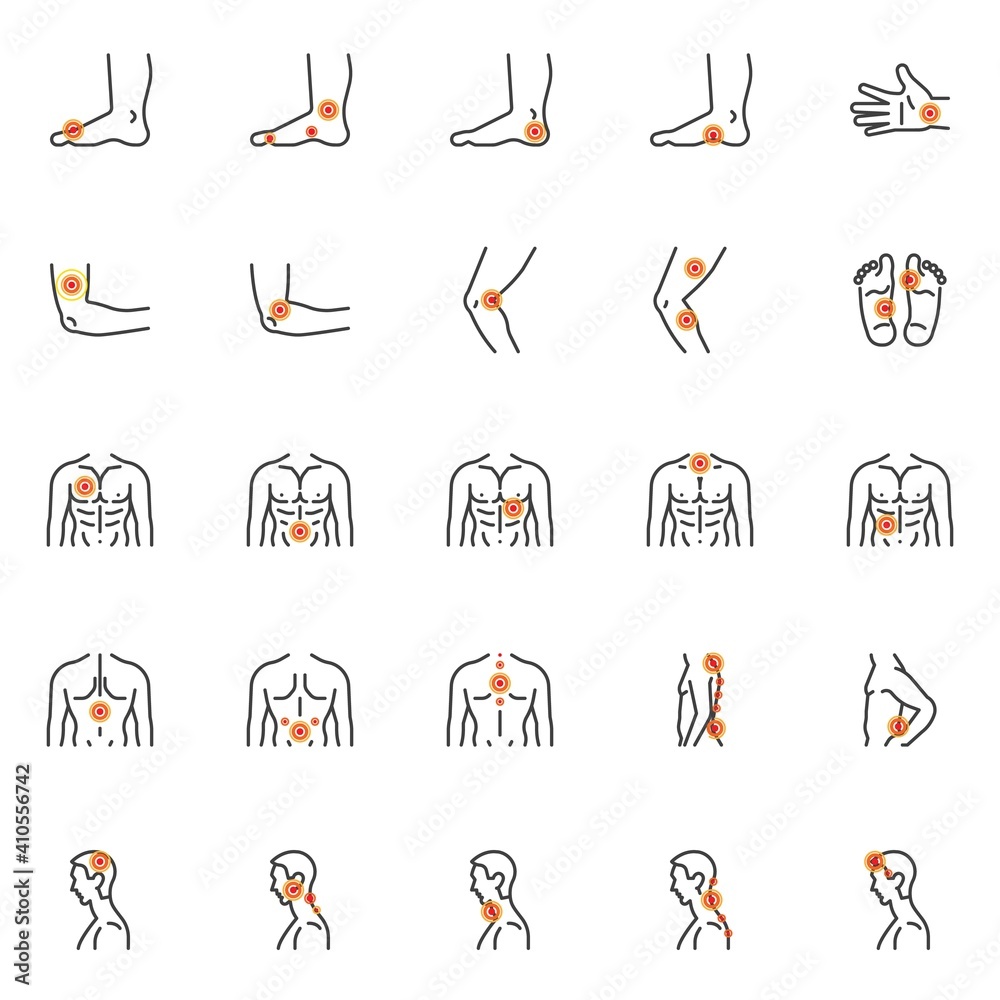 Human body ache line icons set. linear style symbols collection, outline signs pack. Body pain and injury vector graphics. Set includes icons as headache, sore throat, spine pain, knee joint injury