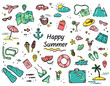 Summer and Vacation in a hand drawn doodle style. Set of beach and travel symbols. Summer holiday at sea. Sketch line art. Colored  isolated on a white background. Summer Adventure Vector Icons.