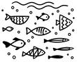 Hand drawn doodle fish. A flock of different fish swims underwater. Set of black and white fishes in doodle ink style. Cartoon vector sketch illustration. Black lines isolated on a white background.