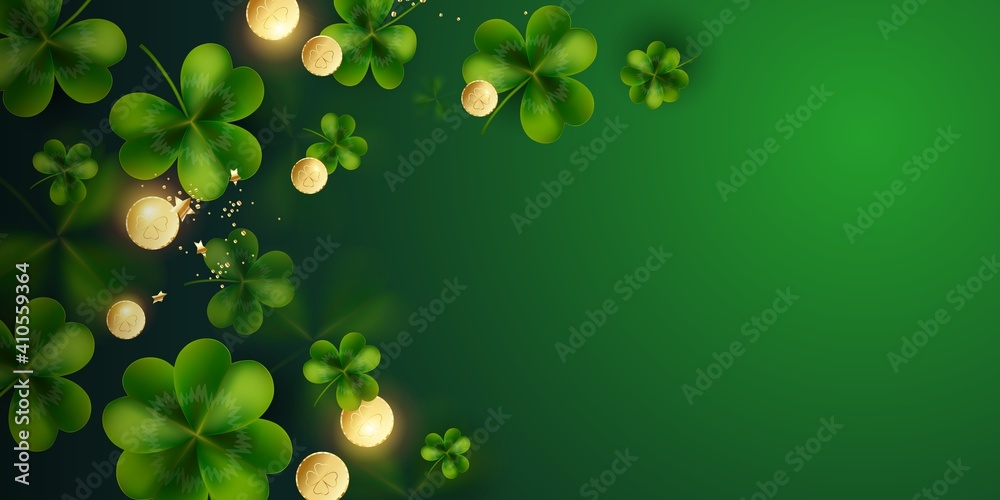 Horizontal Postcard for St. Patrick's Day. Clover leaves with coins on dark green background for greeting holiday design with space for text Vector illustration. - obrazy, fototapety, plakaty 