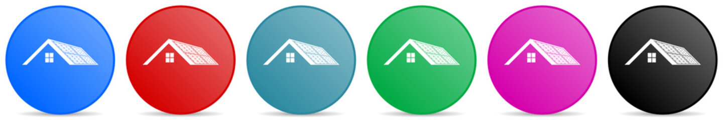 Poster - Solar panels on roof of a house, clean energy, power vector icons, set of circle gradient buttons in 6 colors options for webdesign and mobile applications