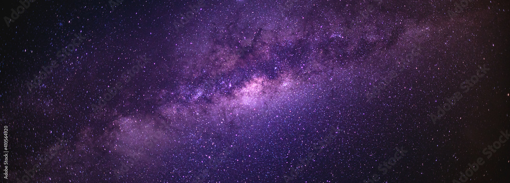 Panorama view universe space shot of milky way galaxy with stars on a night sky background. The Milky Way is the galaxy that contains our Solar System. - obrazy, fototapety, plakaty 
