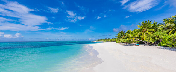 Maldives island beach. Tropical landscape of summer scenery, white sand with palm trees. Luxury travel vacation destination. Exotic beach landscape. Amazing nature, relax, freedom nature template