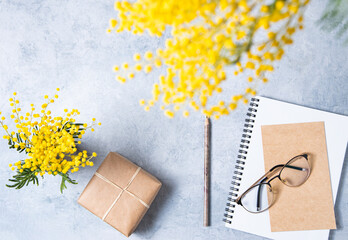 Flat lay with  yellow mimosa  flower, craft present box,  a glasses, a craft notebook  on a blue  table. Women's floral desktop