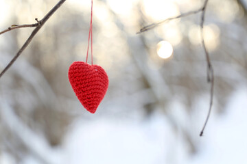 Wall Mural - Valentine heart in winter forest against the sun. Red knitted heart hanging on a branch, symbol of romantic love, background for snow holiday