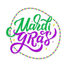 Vector Lettering For Mardi Gras Carnival, Filigree Calligraphic Font With Traditional Symbol Of Mardi Gras - Fleur De Lis. Mardi Gras Cheerful Text With Beads Flat Design. EPS 10 Vector