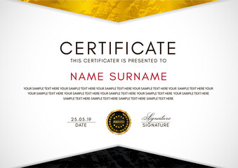 Wall Mural - Certificate template with geometry gold and black frame and badge on white background. Design for Diploma, certificate of appreciation or award