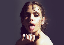 Girl With Saliva Dripping From Wet, Open Mouth, Tongue.