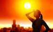 Leinwandbild Motiv Woman shielding her eyes from sun with summer heat wave in the city background