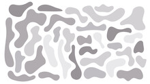 Grey Irregular Blob, Set Of Abstract Organic Shapes. Abstract Irregular Random Blobs. Simple Liquid Amorphous Splodge. Trendy Minimal Designs For Presentations, Banners, Posters And Flyers.
