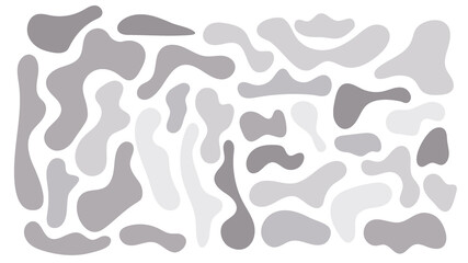 Grey irregular blob, set of abstract organic shapes. Abstract irregular random blobs. Simple liquid amorphous splodge. Trendy minimal designs for presentations, banners, posters and flyers.