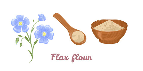 Wall Mural - Flaxseed flour set. Blue flower, flour in wooden spoon and bowl isolated on white background. Vector illustration of healthy food in cartoon flat style.
