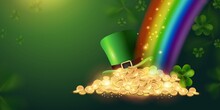 Happy St. Patrick's Day Sign Background With A Leprechaun Green Shamrock Hat Full Of Gold Coins At The End Of The Rainbow. Vector Illustration