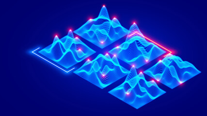 Aufkleber - Vector isometric 3d grid surface of data consisting of glowing dots, particles. Big data visualization. Wave grid abstract diagrams of flow digital information. Wavy wire infographic design element