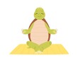 Cute and funny turtle exercising yoga or meditate. Calm and happy green tortoise character sitting on mat. Childish animal mascot. Colored flat vector illustration isolated on white background