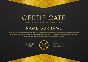 Wall Mural - Certificate template with geometry gold frame and badge on black background. Design for Diploma, certificate of appreciation or award