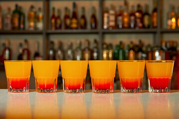 Several multicolored alcoholic drinks shots on the bar counter.