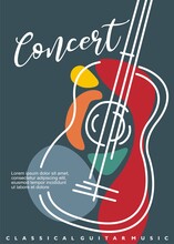 Artistic Poster Artwork For Classical Guitar Music Concert. Contemporary Style Abstract Line Art Guitar Drawing. Musical Event Vector Flyer Illustration Concept.