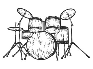 Wall Mural - Drum kit. Engraving raster illustration. Sketch scratch