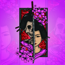 Artwork Illustration And T-shirt Design Geisha Skull Engraving Ornament Premium Vector