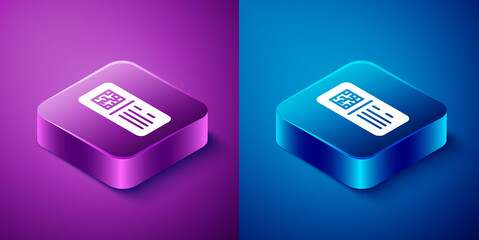 Isometric QR code ticket train icon isolated on blue and purple background. Square button. Vector.