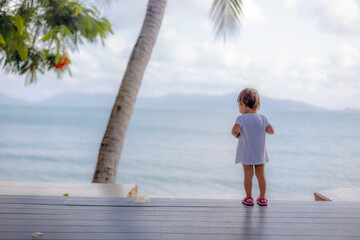 little toddler girl in a white dress looks at the sea while standing on the wooden floor outside. back view