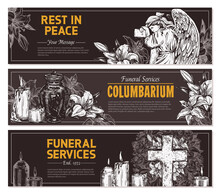Funeral Service Vector Hand Drawn Design Of Horizontal Banners. Sketch Illustration For Condolence Card And Advertising Of Columbarium And Cemetry With Urn For Ashes, Vintage Tombstone Angel, Wreath, 