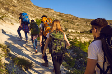 Wall Mural - group of young tourists hikers climbing up mountain during summer vacations, rear view