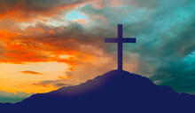 Crucifixion, Religion And Christianity Concept - Silhouette Of Cross On Calvary Hill Over Sky Background