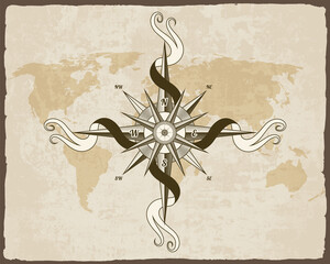 Wall Mural - Vintage nautical compass. Old world map on  paper texture with grunge border frame. Wind rose