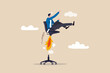Boost your career development, job promoted to higher position or start new opportunity and motivation to succeed concept, businessman sitting on take off office chair with jetpack or rocket booster.