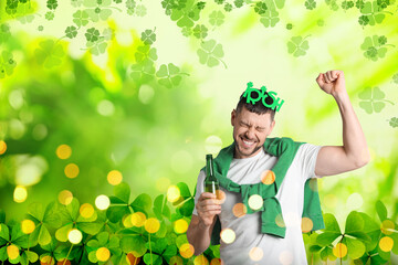 Sticker - Emotional man in St. Patrick's Day outfit with beer on green background, space for text