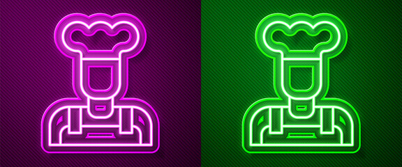 Sticker - Glowing neon line Cook icon isolated on purple and green background. Chef symbol. Vector.