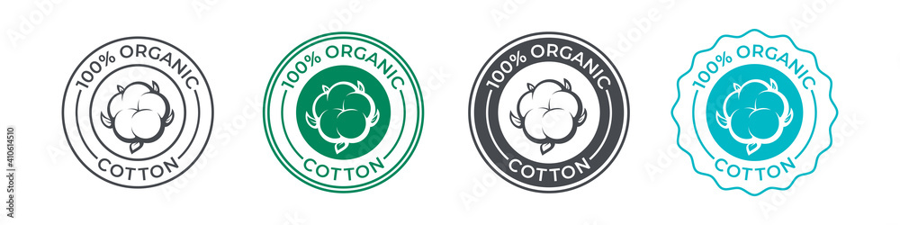 Cotton, organic 100 icon, flower vector logo for eco and natural bio soft fabric. 100 percent cotton badge for textile clothes, green vegan cosmetics and sanitary hygienic pads or tampons - obrazy, fototapety, plakaty 